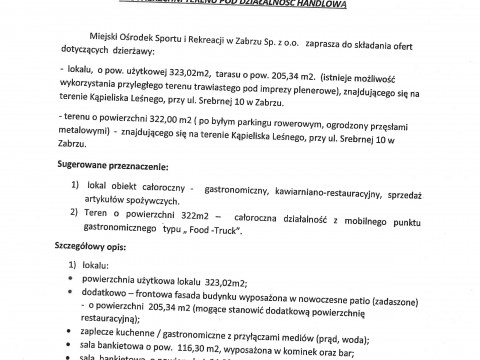 Oferta na dzierżawę terenu i lokalu na Kąpielisku Leśnym przy ul. Srebrnej 10 w Zabrzu