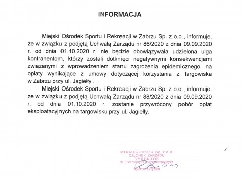 Informacja- opłaty na Targowisku przy ul. Jagiełły w Zabrzu