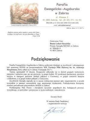 Podziękowanie Parafia Ewangelicko-Augsburska