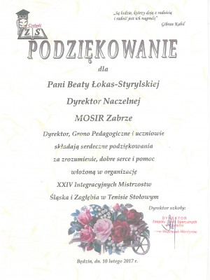 Podziękowanie ZSS w Czeladzi