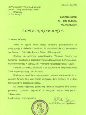 Podziękowanie parafia