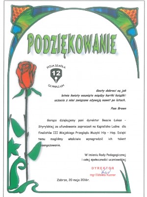 Podziękowanie Gimnazjum nr12