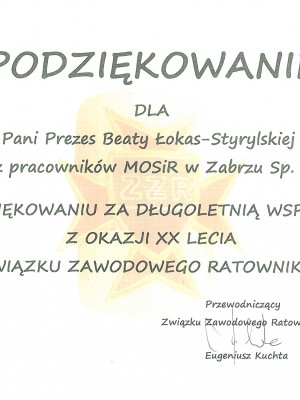 Podziękowanie ZZ Ratowników Górniczych